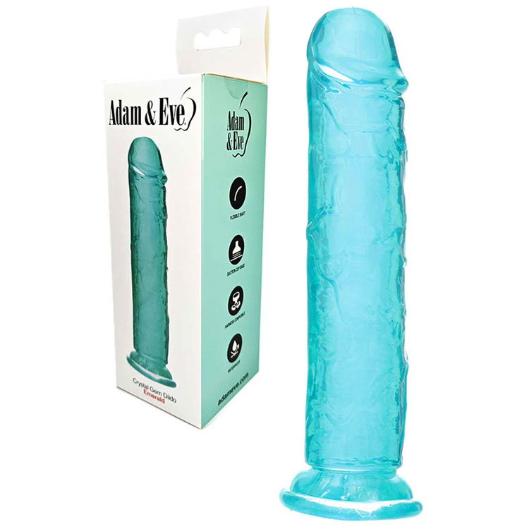 Adam & Eve Crystal Gem Dildo in Emerald, a jewel-toned TPE dildo with textured shaft and suction cup base